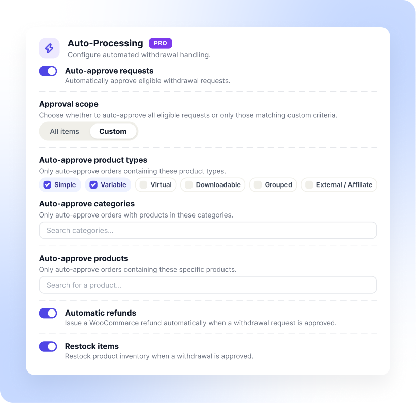 Approve Withdrawal Requests, Issue Refunds, and Restock Automatically