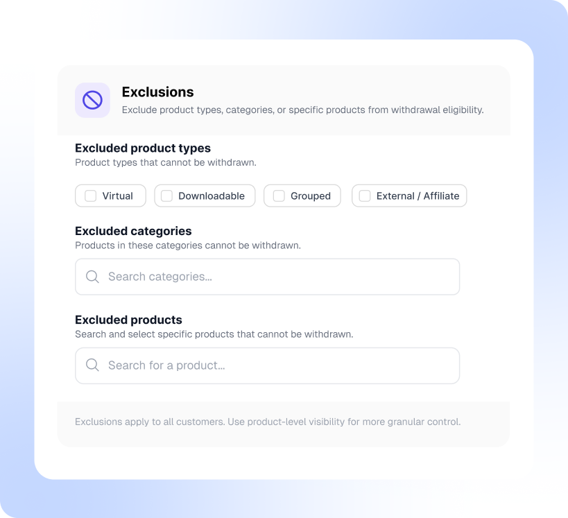 Exclude Products, Categories, and Product Types from Withdrawal