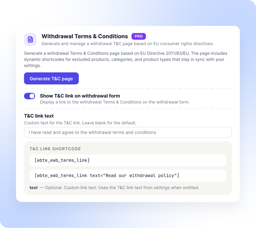 Generate a Withdrawal Terms and Conditions Page