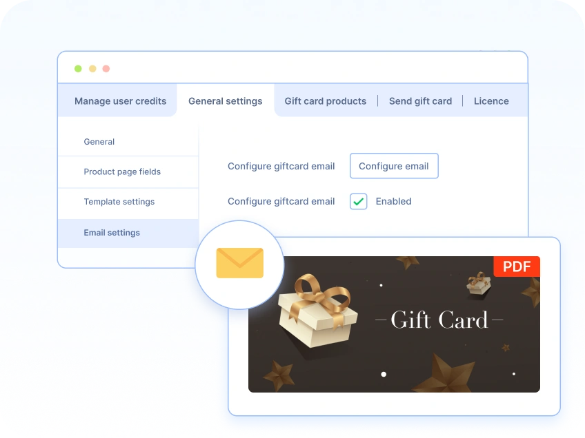 Attach PDF gift cards with email