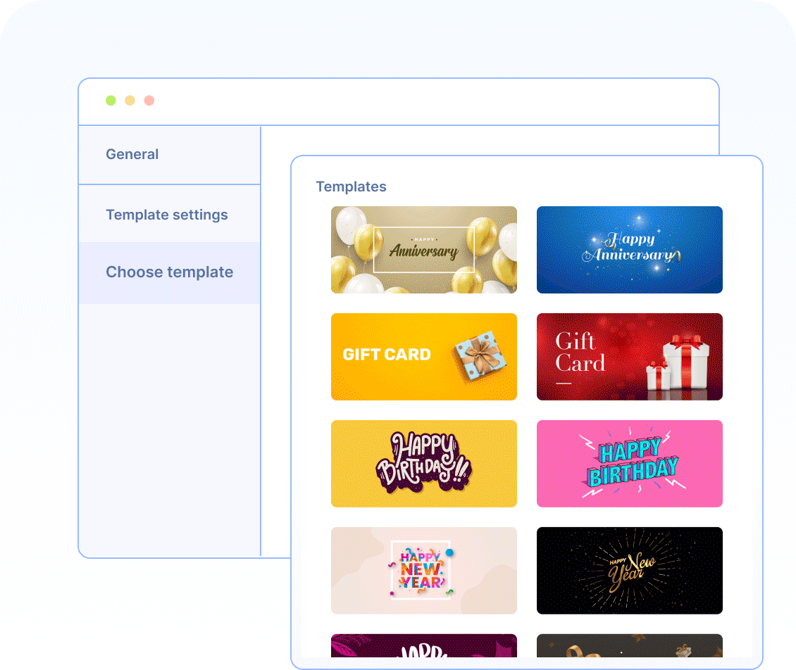 Choose default gift card templates that are available in five categories: General, Birthday, New Year, Anniversary, and Christmas