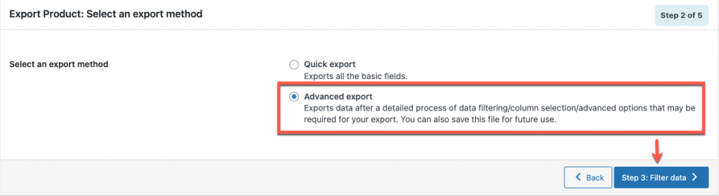 Select advanced product export method