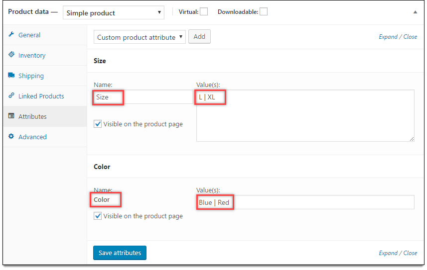 Attributes in WooCommerce product