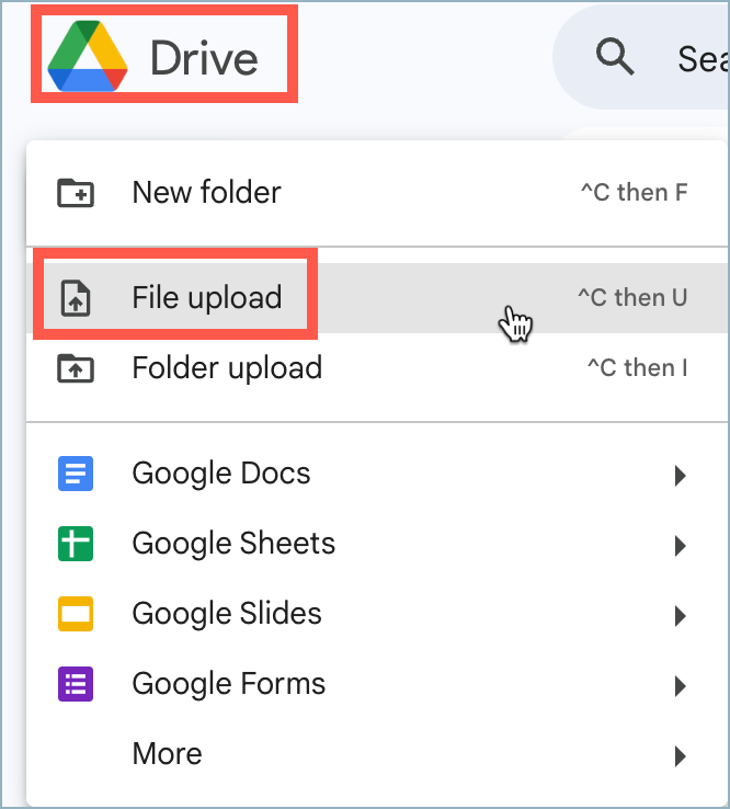 File upload option in Google Drive
