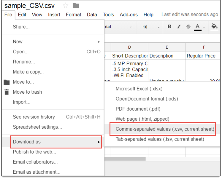 Download as CSV option in Google Sheets