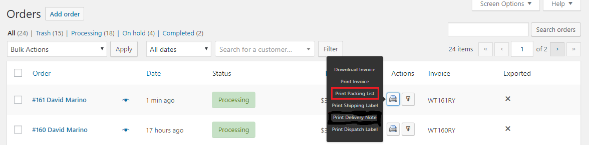 print packing list order page