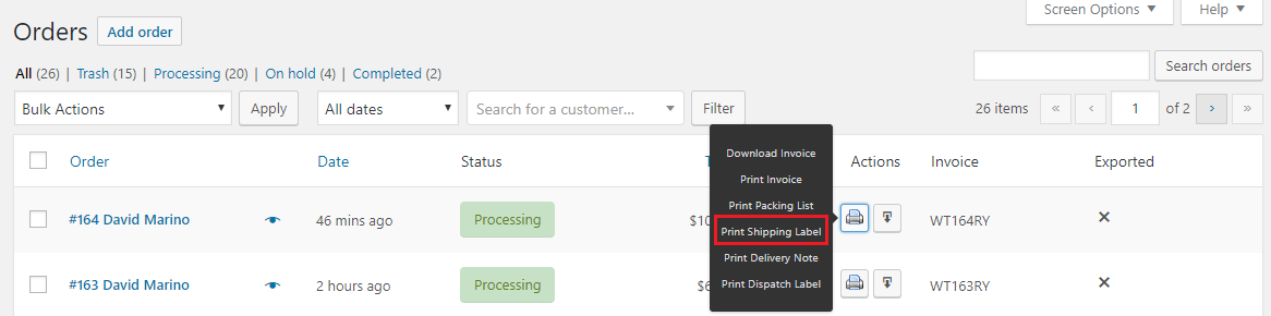 print shipping label order page