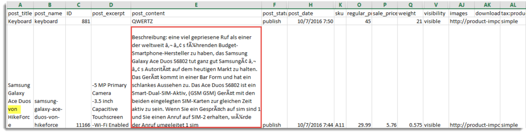 Exported Sample Product CSV in German