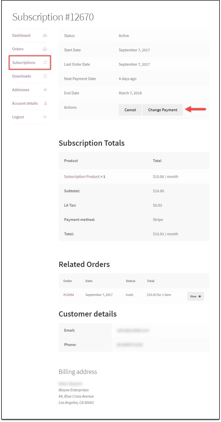 Stripe WooCommerce Subscription Change Payment