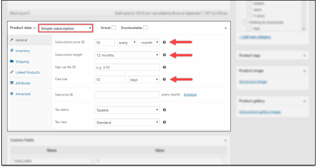 Stripe WooCommerce Subscription Product Settings