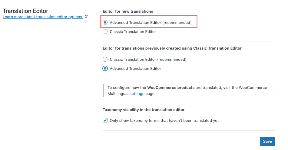Choosing Advanced translation mode in Settings