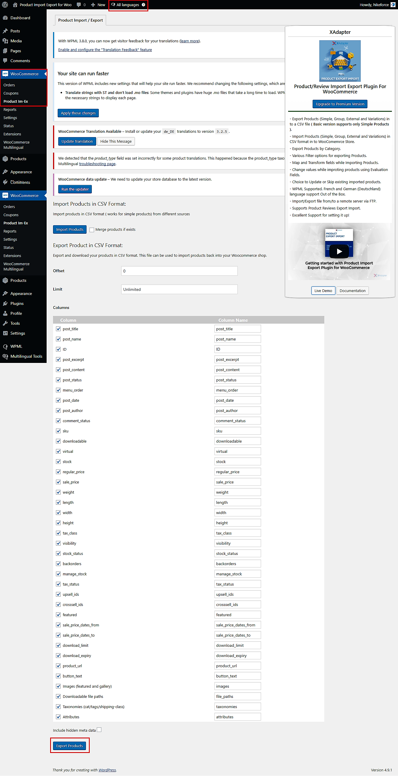 Import and Export all language products