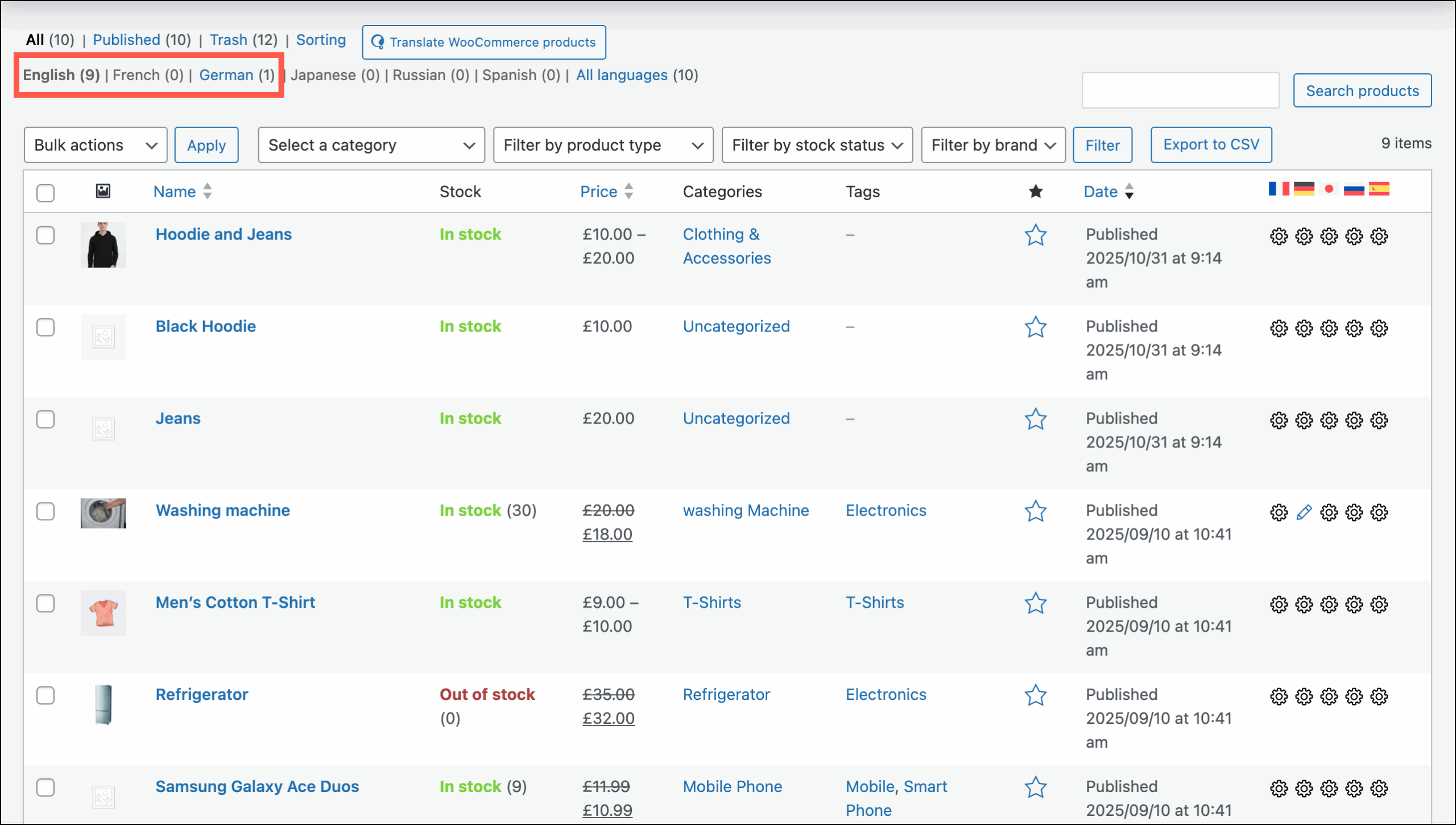 WooCommerce product list filtered by language, showing English and German products displayed separately.