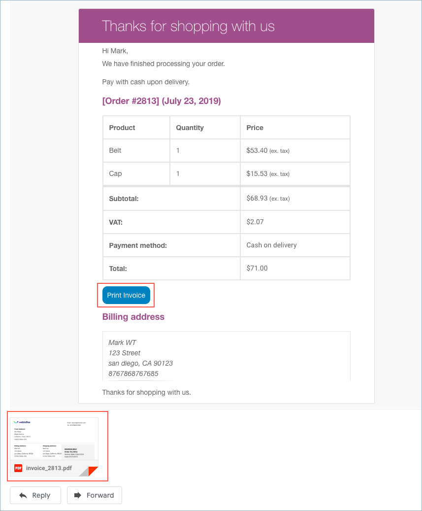 WooCommerce invoice attached in e-mail