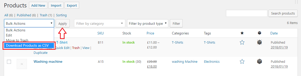 Download CSV from WooCommerce products page