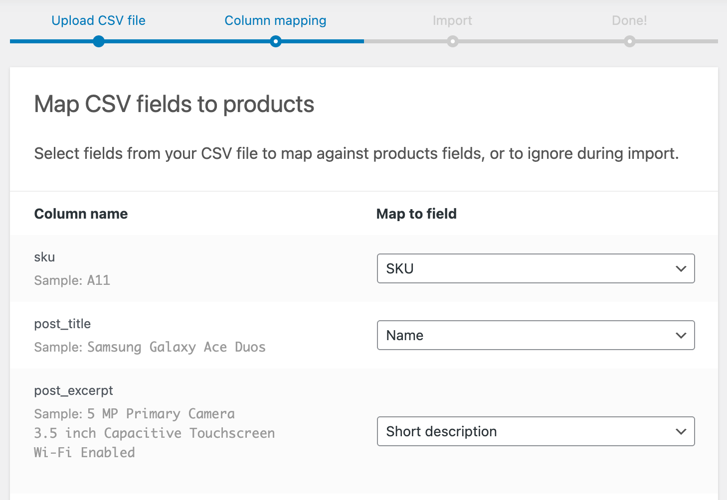 CSV column mapping