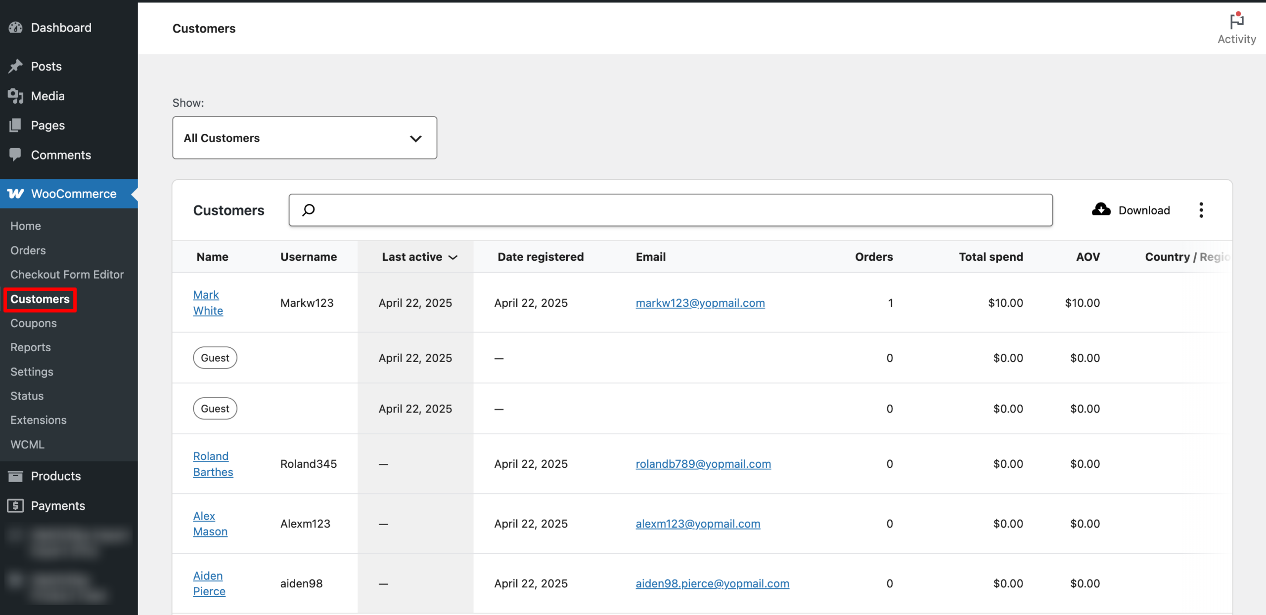 WooCommerce customers section
