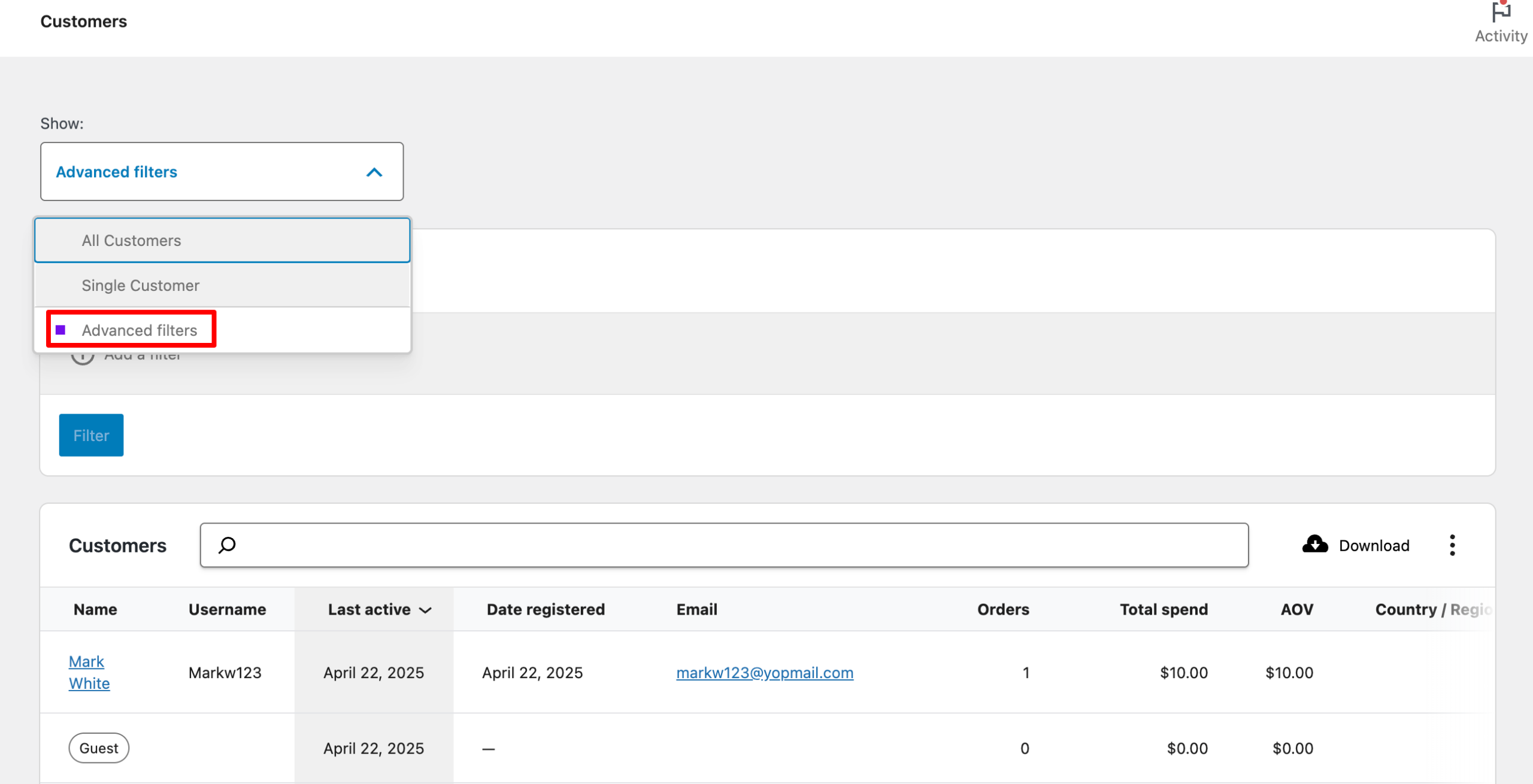Advanced filters option