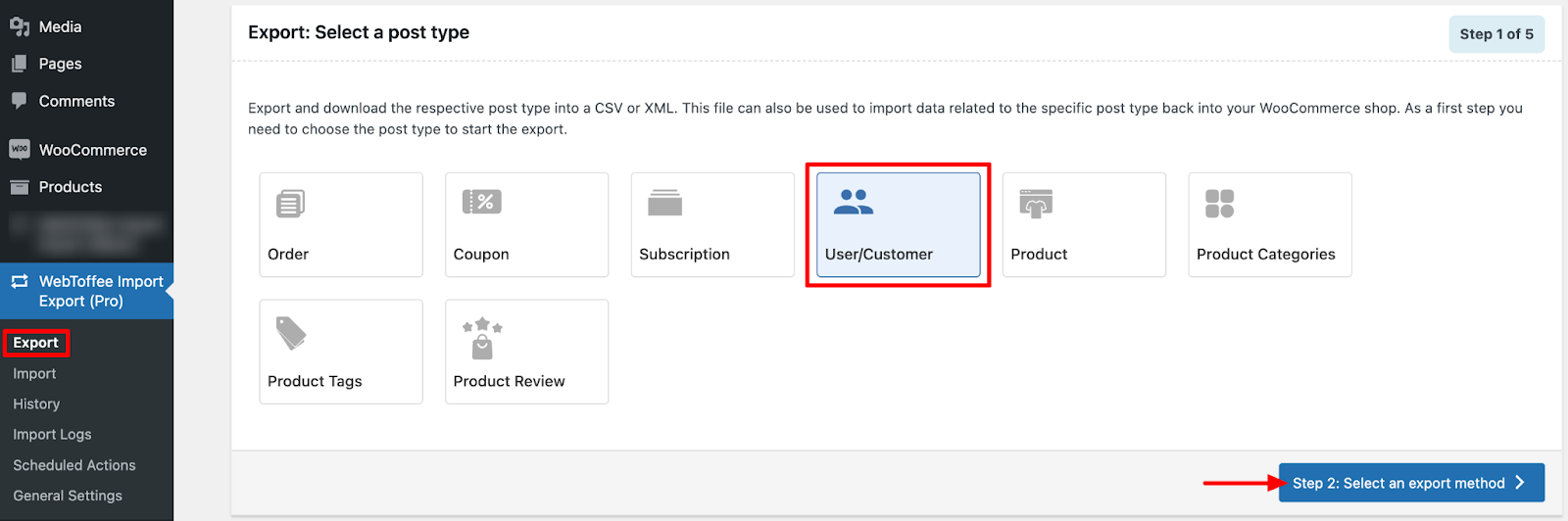 Selecting User/Customer as post type for export