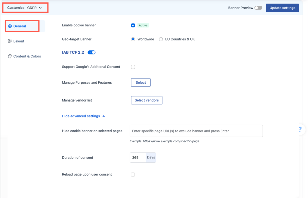 General settings - GDPR cookie consent