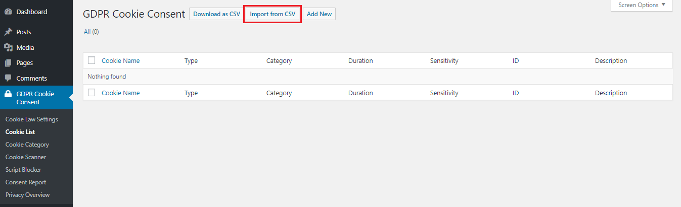Cookies Import from a CSV button
