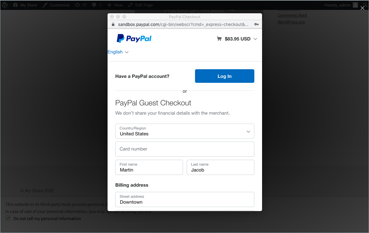 PayPal express payment gateway in-context flow layout