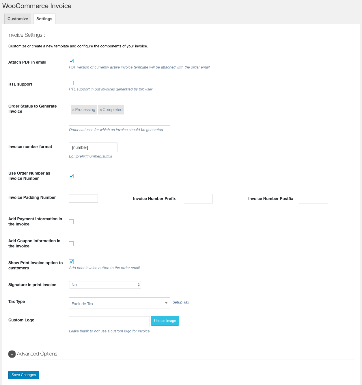 WooCommerce PDF Invoice-Settings