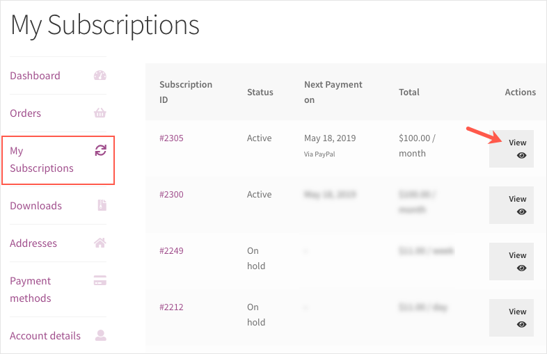 Subscription for WooCommerce-My Subscription View