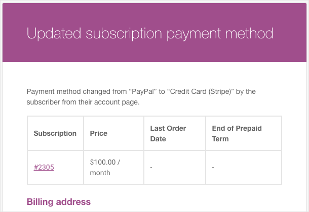 Subscription for WooCommerce-Payment method updated email notification