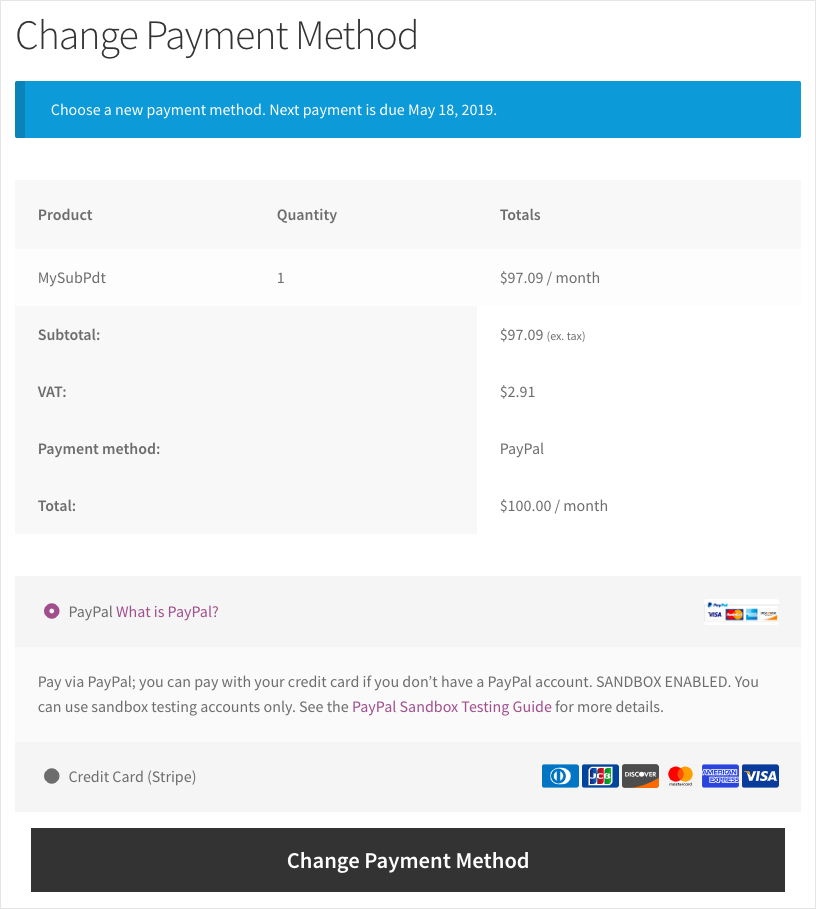 Subscription for WooCommerce-Subscription Change Payment Method