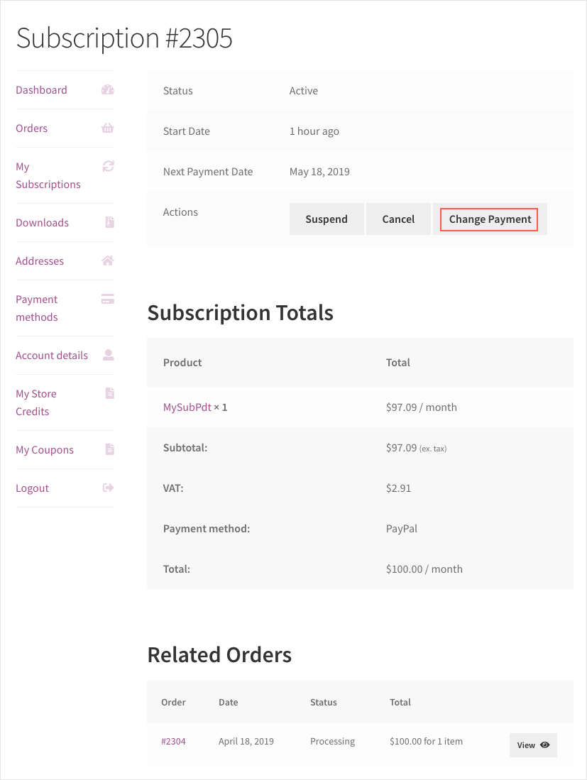 Subscription for WooCommerce-Subscription Change Payment