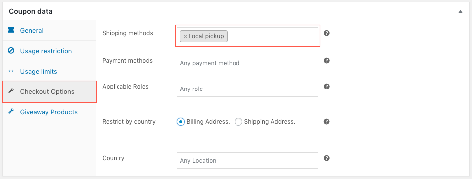 Smart coupon for WooCommerce-Checkout options-Shipping Method based discount