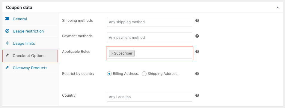 Smart coupon for WooCommerce-Checkout options-User Role based discount