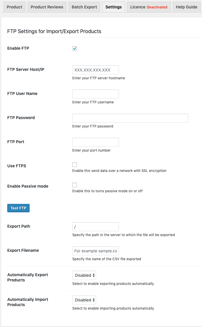 FTP settings for import:export