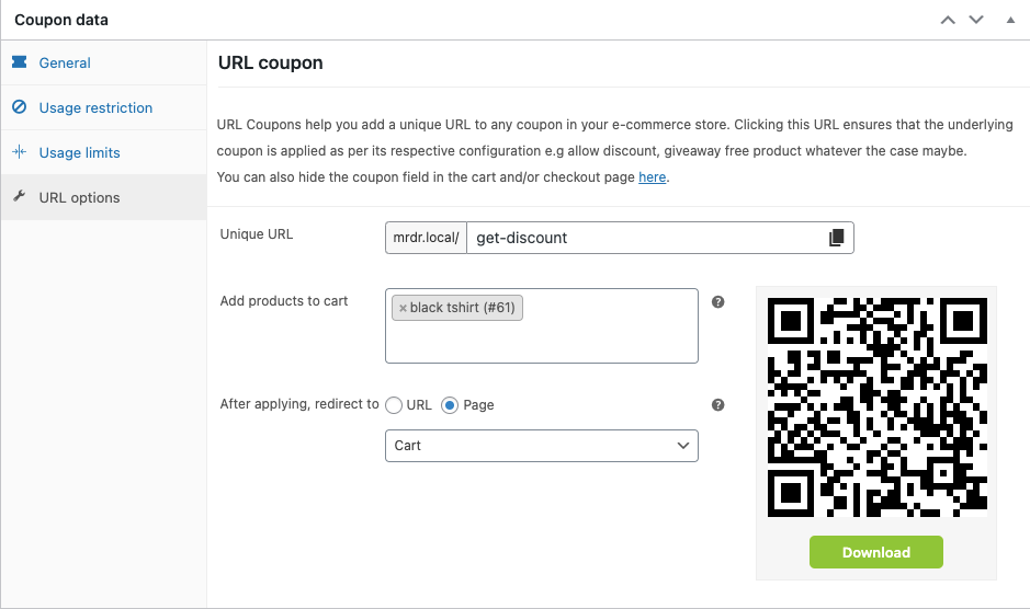 url coupon options in coupon data tab