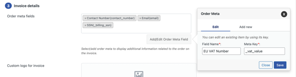 Adding custom order meta in WooCommerce invoice
