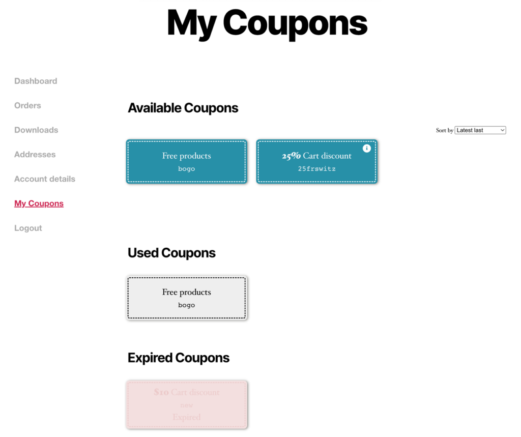 Coupon display in WooCommerce accounts page