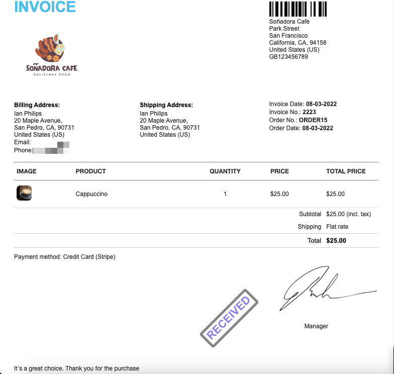 The final PDF invoice of an order