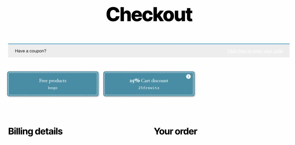 WooCommerce available coupons displayed on the checkout page