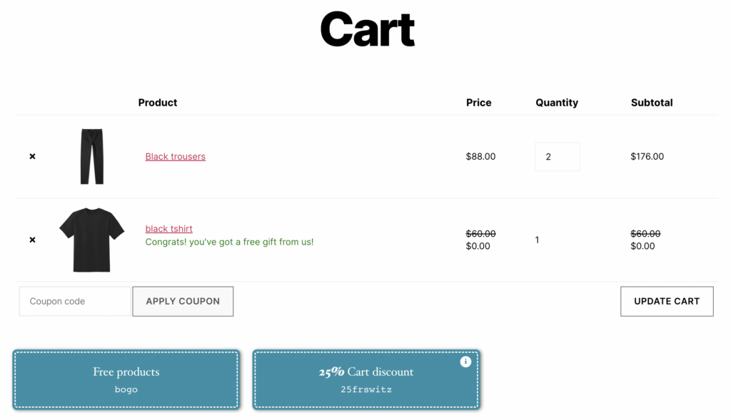 WooCommerce coupons displayed on the cart page