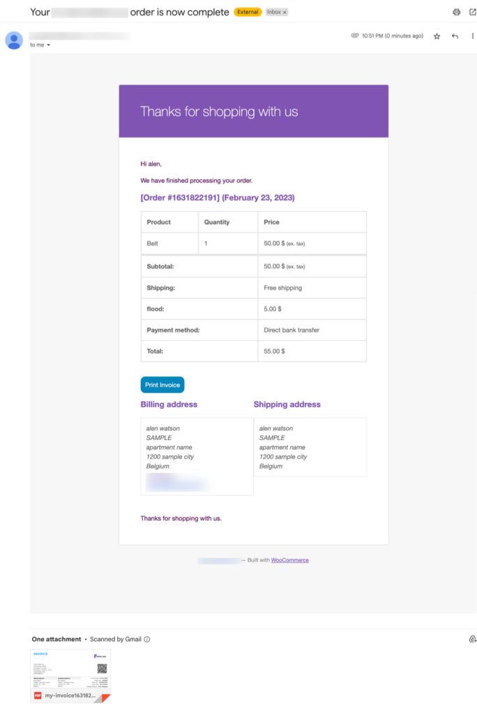 WooCommerce print invoice email