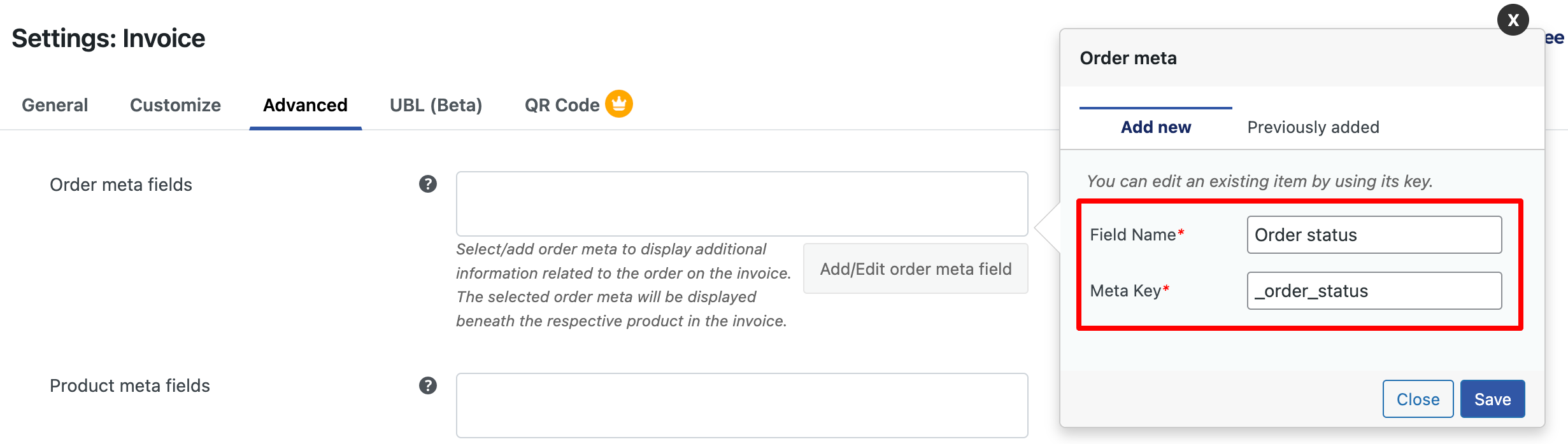 Entering order meta data in invoice.