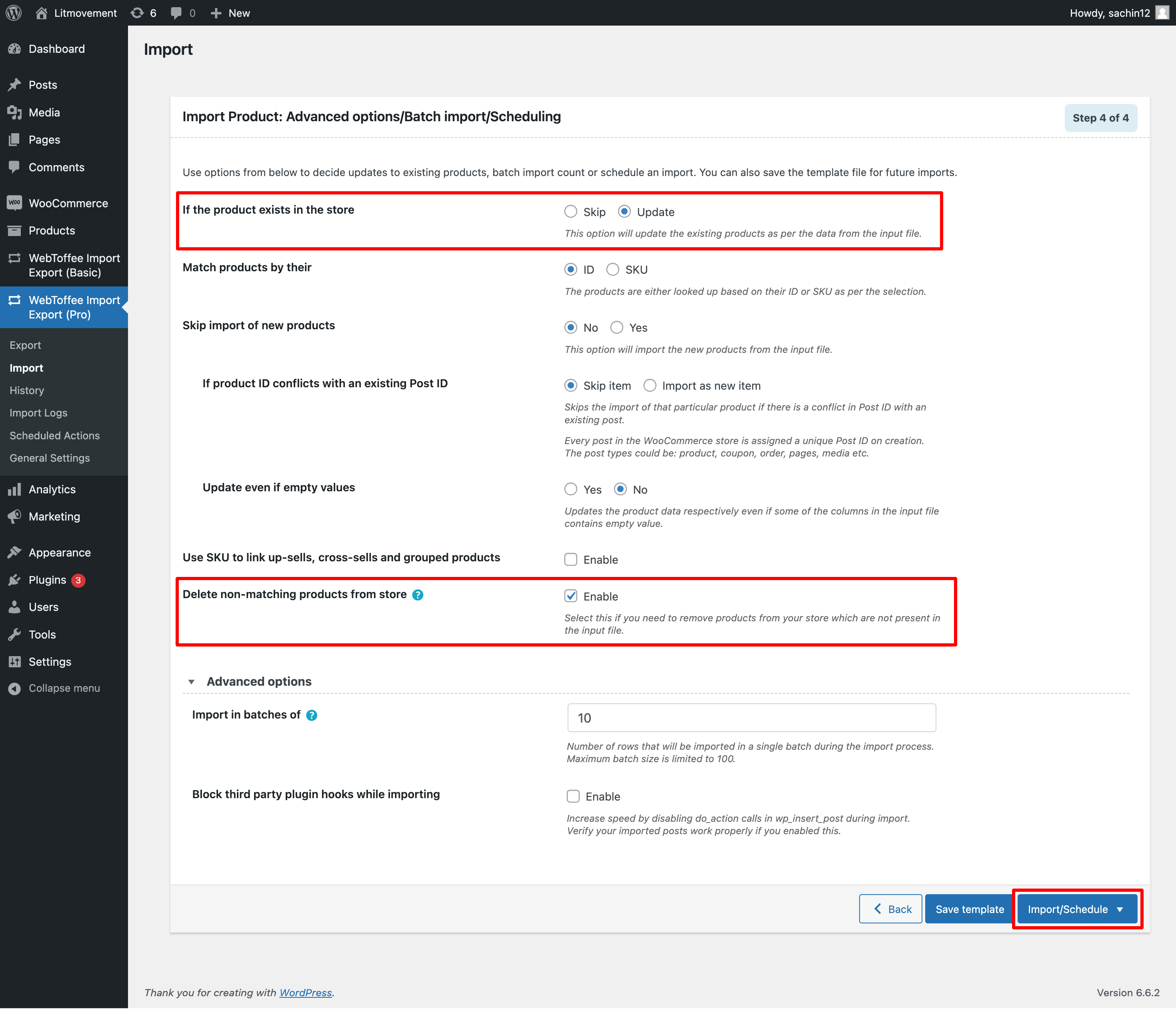 Configuring advanced options for product import 