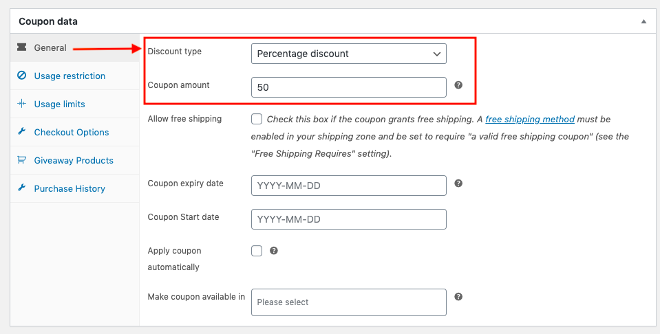 Smart Coupons for WooCommerce - Add coupon - General settings