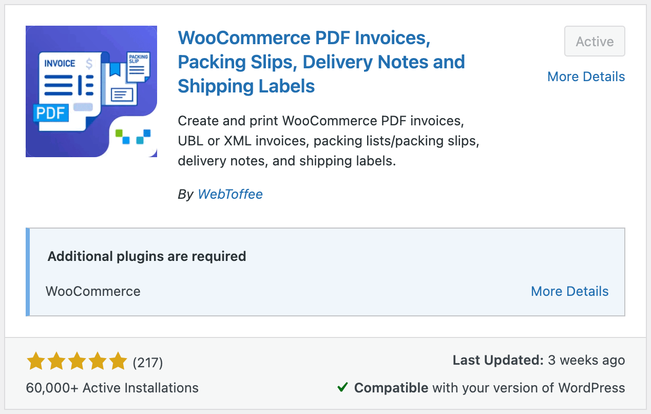 Installing WooCommerce PDF Invoices plugin.