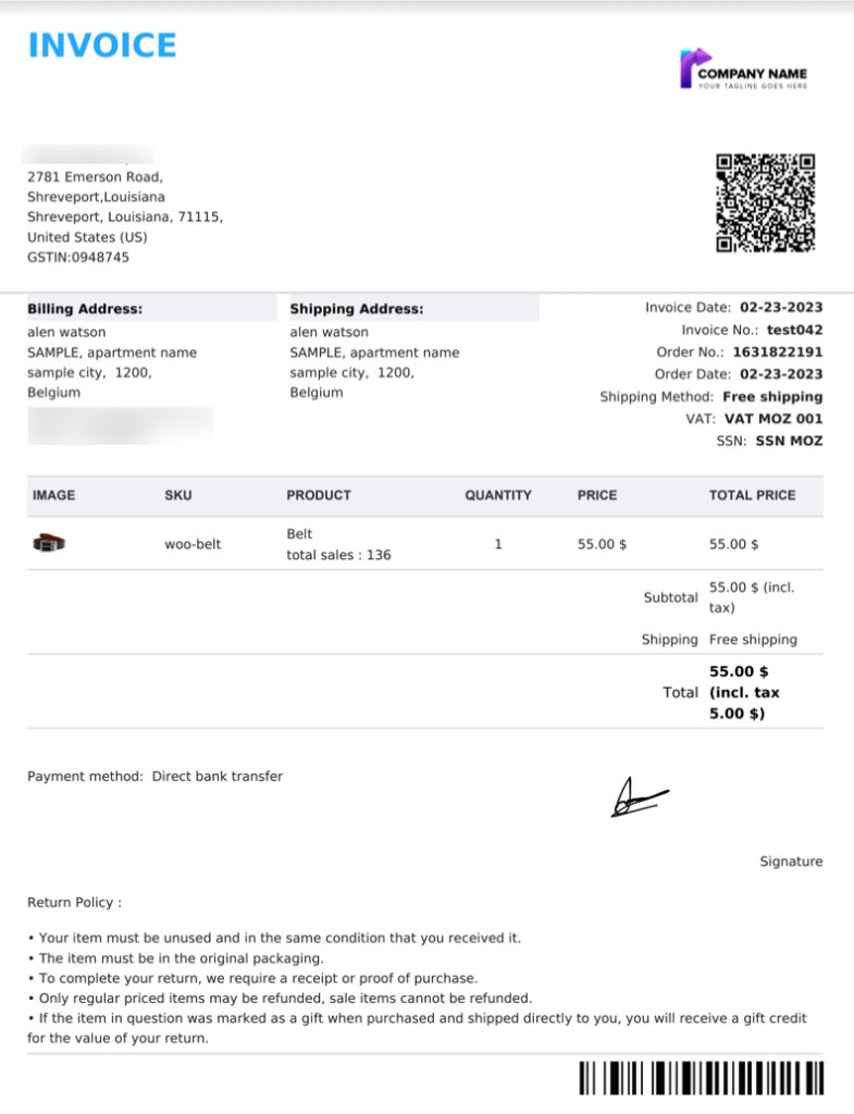 sample WooCommerce invoice with the logo