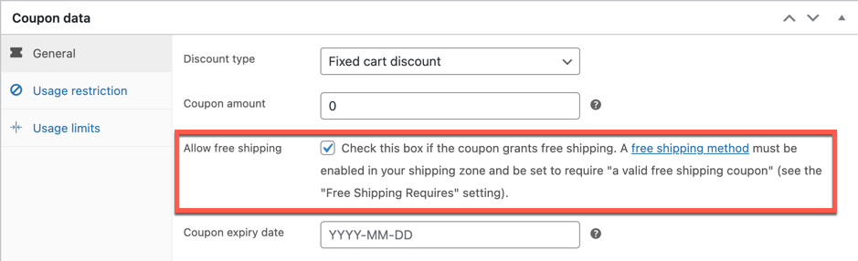 Create free shipping coupon in WooCommerce