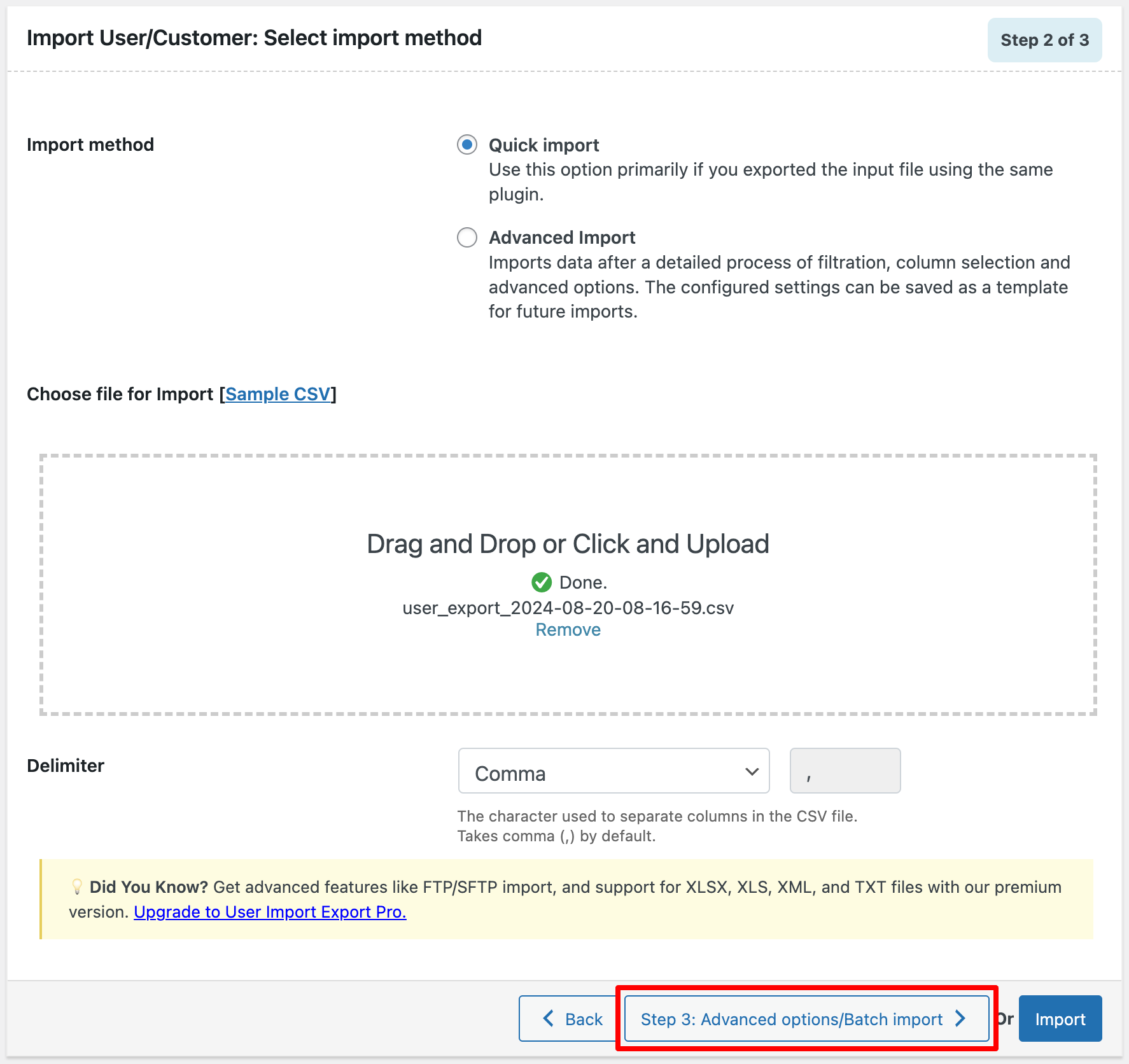 selecting quick import method
