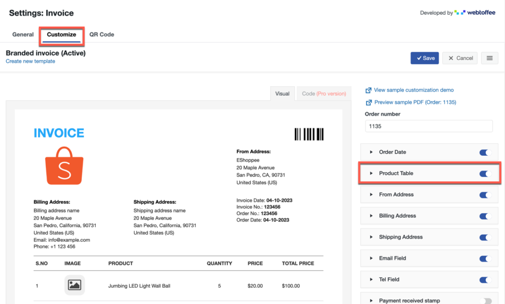 product table activation in WooCommerce invoices