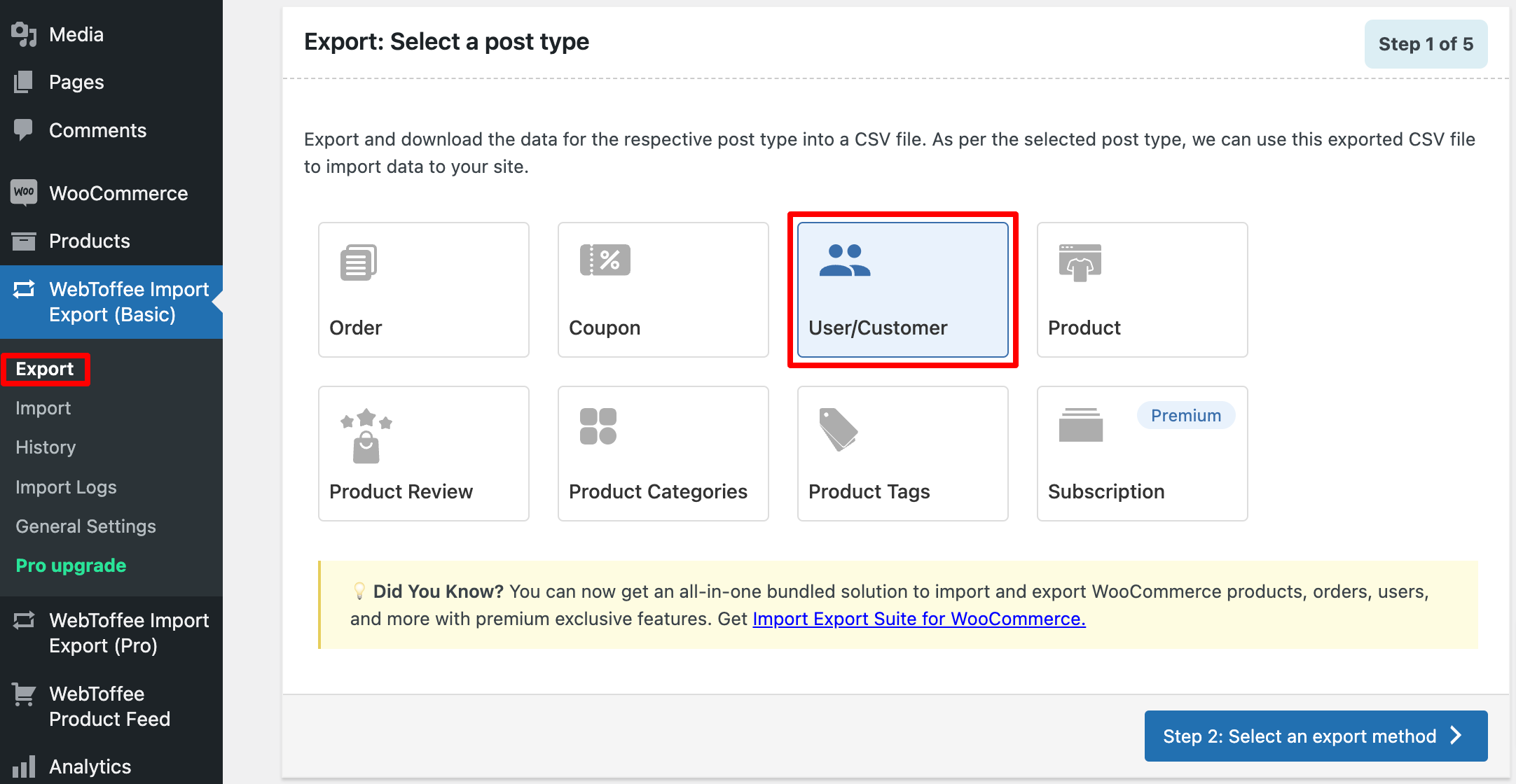 selecting user as post type to export